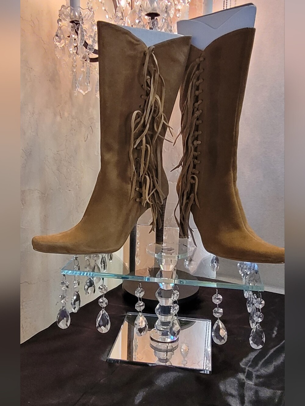 MIA Tan Suede Fringed Tall Western Boots. Y2K Size 6.5 Stiletto Heels 4in - Picture 17 of 17